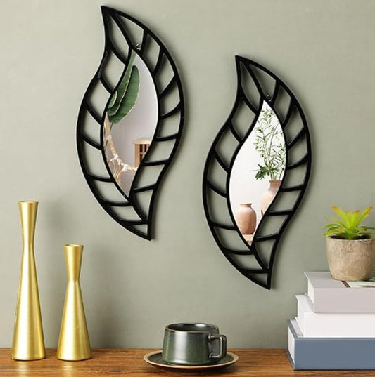 2 Pcs Small Mirror Wall Decor Mounted Art Leaf Mirror Decorative Teardrop Mirror Wall Decorations for Living Room Bedroom Bathroom Vanity Entryway Office(Black)