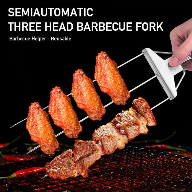3-Prong Skewer Stick Needles Kebab 3 Way Forks Stainless Steel Barbecue Grill Fork Household BBQ Non-stick Hover Image