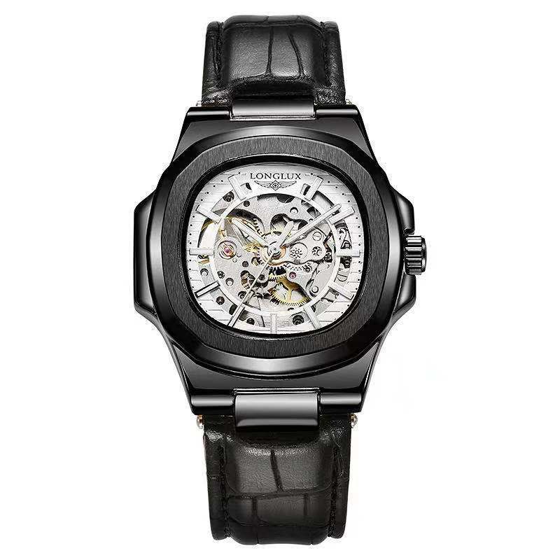 ساعة يد رجالية ميكانيكية مقاومة للماء بحزام جلدي على شكل برميل