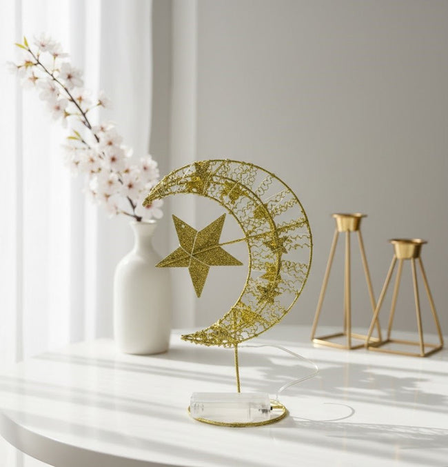 Gold Crescent Moon & Star LED Table Décor Light Hover Image