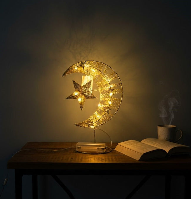 Gold Crescent Moon & Star LED Table Décor Light Main Image