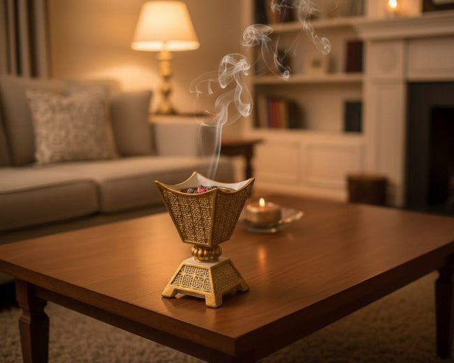 Gold Decorative Incense Burner with Cutwork Design Hover Image